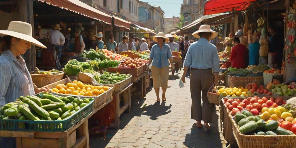 Bustling street market on a sunny day, with colorful stalls selling fresh produce, a woman in a wide-brimmed hat browses the fruits and vegetables, her wicker basket already filled with local goods.