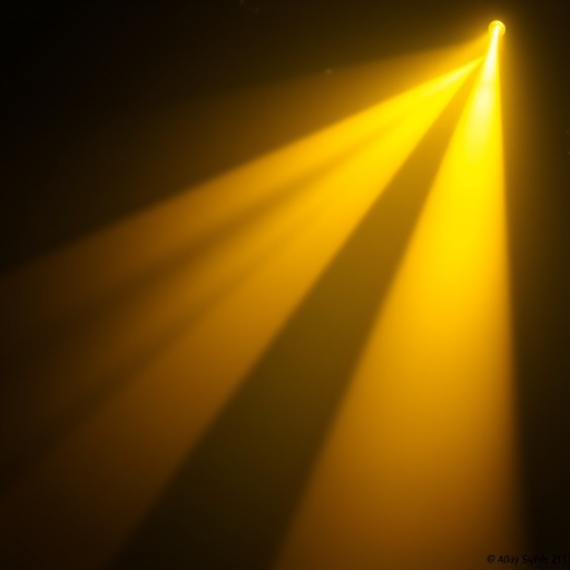 Create an illustration of a stage spotlight emitting a bright yellow beam of light, captured with a Canon EOS R5, 50mm lens, f/1.8 aperture, ISO 100, 1/200 sec exposure, shot from a low angle to emphasize the light's intensity and focus on the spotlight design.