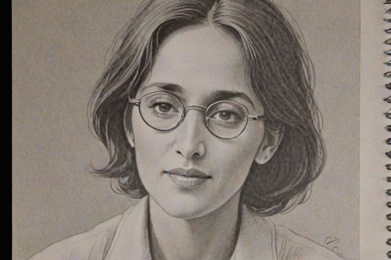 Resplendent Joan Baez, pencil sketch, portrait of Fascinating woman 1949s in glasses, hair style beatnik, outline, clear lines, fine lines, 8k