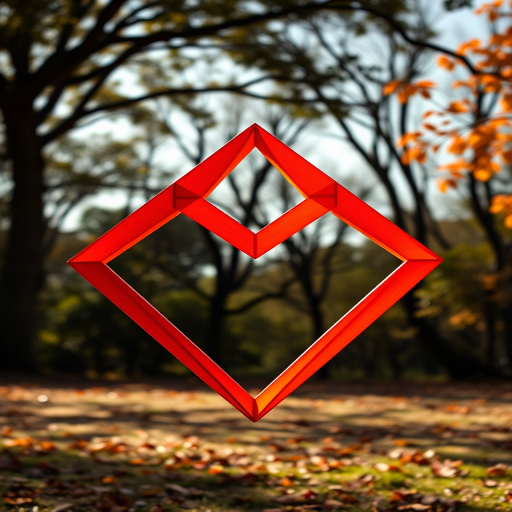 Create a geometric heart shape with vibrant orange and red hues, captured with a Canon EOS R5, 50mm lens, f/1.8 aperture, ISO 100, and natural lighting for enhanced color saturation and contrast.