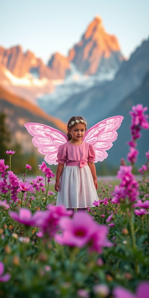 Create a serene landscape featuring a girl with glowing wings standing amidst vibrant pink flowers with majestic mountains in the background, use a Canon EOS R5 camera at f/1.8, ISO 100, with a wide-angle lens and soft lighting for ethereal quality.