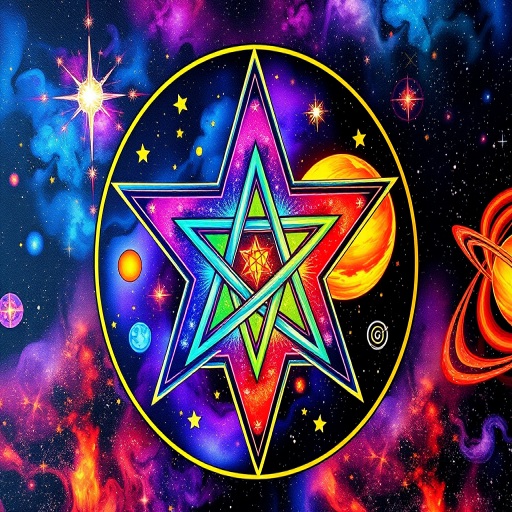 Create a vibrant pentagram filled with colorful cosmic symbols like stars, planets, and swirls, using a DSLR camera, 50mm lens, f/2.8 aperture, ISO 100, shooting in RAW format at a straight-on view to enhance clarity and detail.