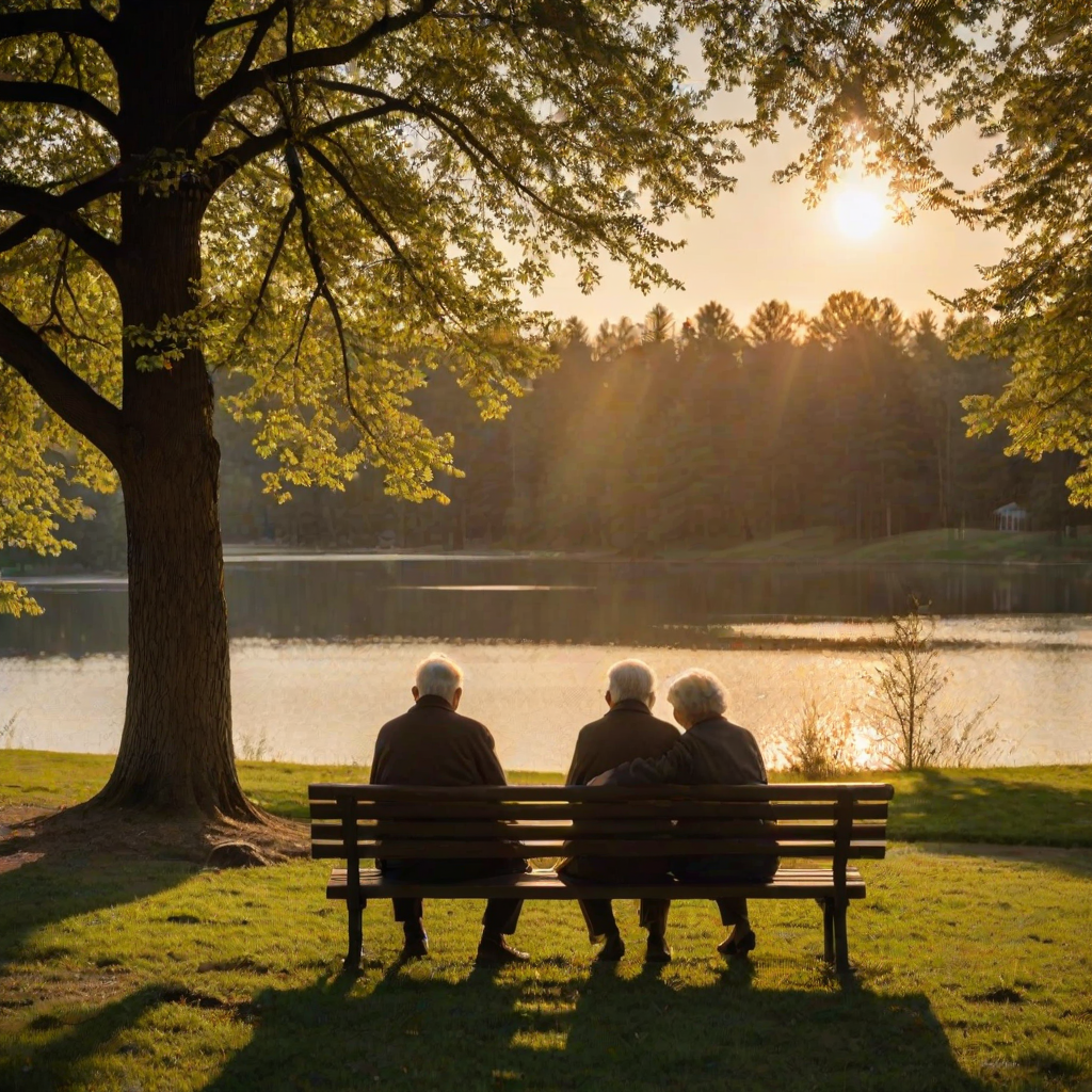 Warmly lit, peaceful scene of an old couple sitting on a bench in the park at dusk, their hands intertwined, with the sun setting behind a lake and trees casting long shadows over the grass.
