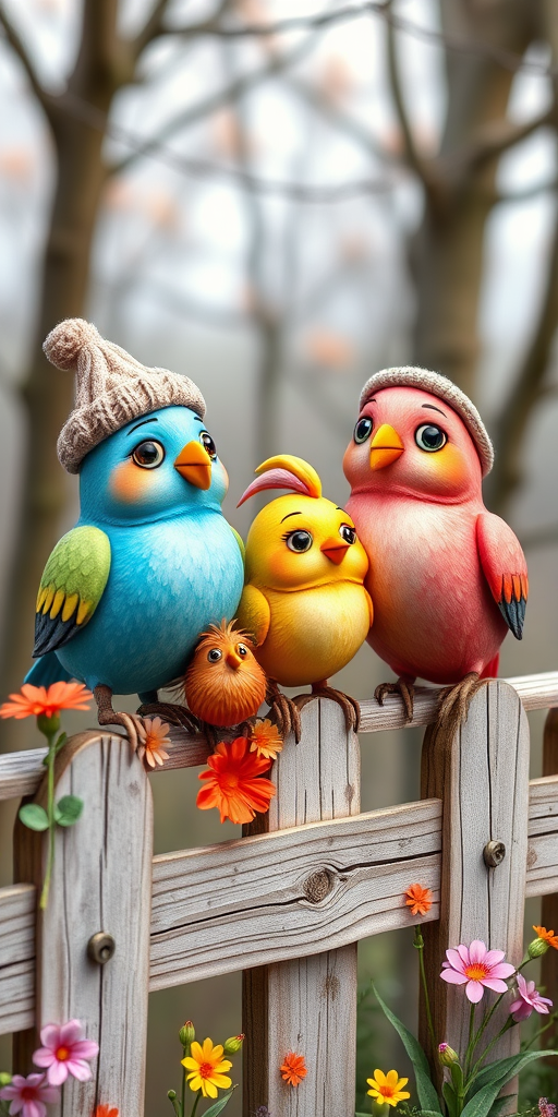 create a scene of 4 quirky  whimsical colourful comical birds each with a funny expression. they are sat on a wooden fence with colourful flowers. they are all different sizes. each one is a different colour  one is wearing a woolly hat. Each one has a different quirky google expression and there is a muted background of trees watercolour paintierly style high definition 8k resolution 3D paper mache