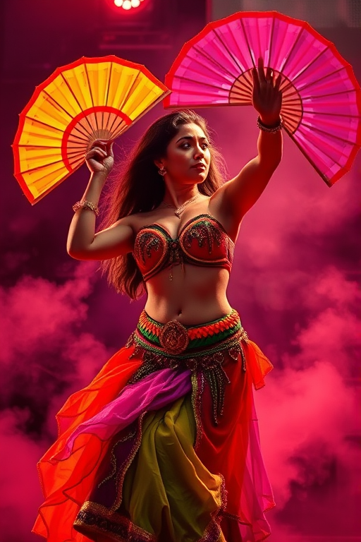 Belly dancer performing with colorful fans, dramatic lighting with smoke effects, 85mm lens, f/2.8 aperture, ISO 400, low angle view, portrait style, DSLR camera.