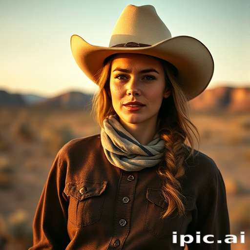 Dramatic photo of a beautiful Western American woman, classic cowboy attire, confident and free spirit expression, half-length portrait, centered, golden hour desert landscape, warm, diffused light, low angle, medium format film camera, in style of Annie Leibovitz.