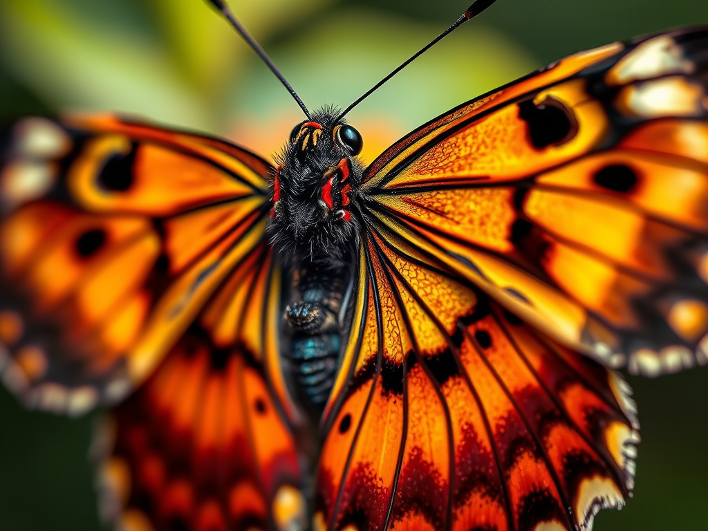 Regenerate the image of a butterfly with intricate patterns and vibrant colors, using a DSLR camera, 50mm lens, f/2.8 aperture, ISO 100, and a macro view to enhance detail and sharpness.