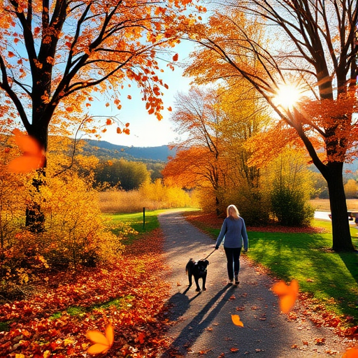 Colorful autumn landscape, with leaves falling gently from trees, a woman walking her dog along a leaf-strewn path, and the sun shining warmly through the branches.