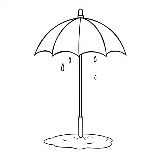 A simple vector line drawing of A closed umbrella with its tip pointed down, standing on a wet surface. Water droplets are slowly dripping from the umbrella's fabric, forming a small puddle on the ground below. in black and white.