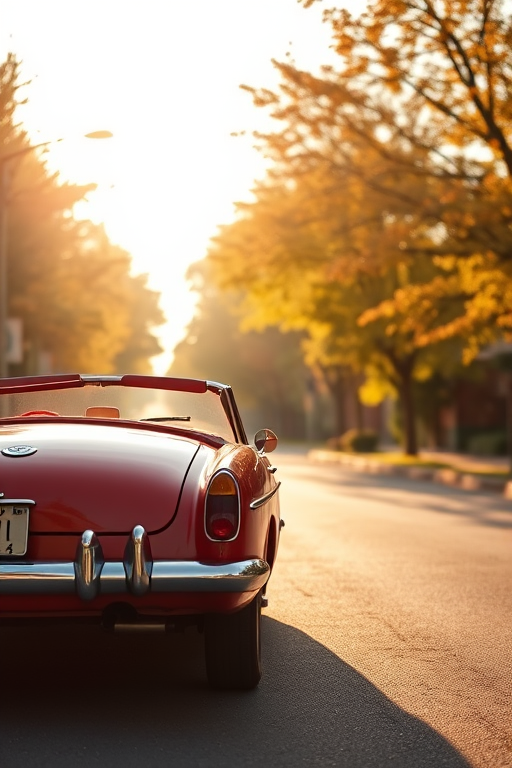 Capture a vintage red convertible car parked on a picturesque street lined with autumn trees, warm sunlight illuminating the scene, shallow depth of field, aperture f/2.8, ISO 100, 50mm lens, shot from a low angle for dramatic effect.