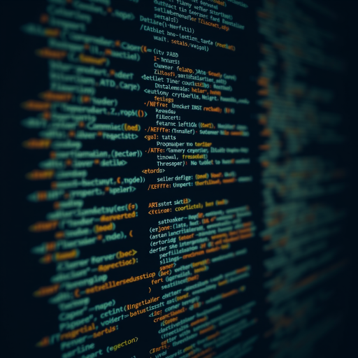 Generate a high-resolution image of flowing lines of code on a dark background, focus on a variety of programming languages, captured with a DSLR camera using a 50mm lens at f/1.8, exposure 1/100 sec, ISO 800, in a low-light environment to create a moody effect.