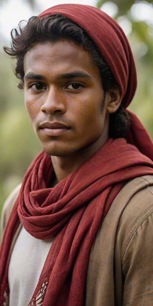 Create a portrait of a young Melanesian male with long, dark hair and captivating hazel eyes. She is wearing a red headscarf and a matching scarf draped gracefully around her neck. The background is softly blurred, focusing attention on her serene and natural expression. The overall color palette is muted and warm, enhancing the intimate and authentic feel of the portrait.