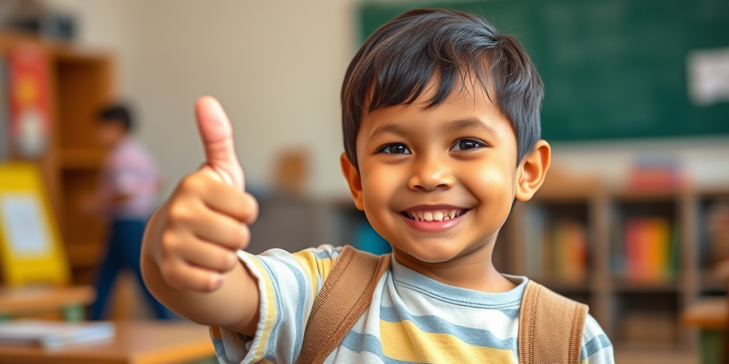 Capture a friendly child giving a thumbs up in a well-lit environment, using a Canon EOS R5, 50mm lens, f/1.8 aperture, 1/200 shutter speed, ISO 100, with a soft focus background and vibrant colors to enhance the positive message of success and education.