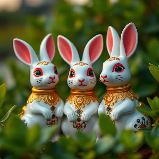 Three ornate ceramic rabbit figurines decorated with gold embellishments, placed amongst lush green foliage, captured with a Canon EOS R5, 50mm f/1.2 lens, aperture f/1.8, ISO 100, shot at dusk for soft lighting and vibrant colors.