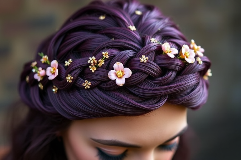 Regal deep purple crown braid called "Royal Plait" interwoven with delicate gold threads and adorned with miniature floral embellishments