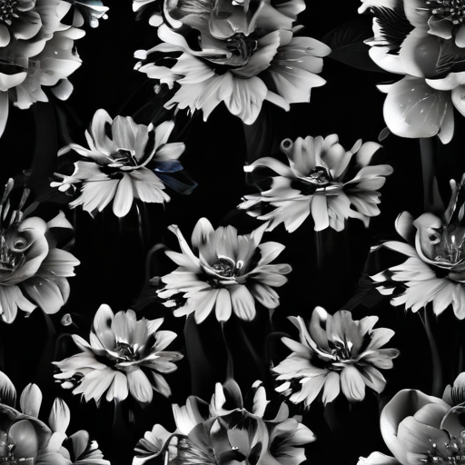 Elegant Black and White Floral Pattern Featuring Lush Blooms and Leaves