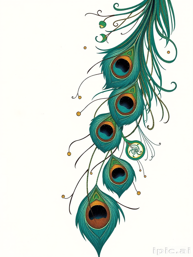 Art nouveau-inspired peacock feather design trailing down spine, flowing curves and elegant lines in teal, emerald, and gold ink