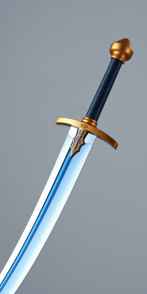 Create a high-resolution image of a curved sword with a golden hilt and a blue blade, using a Canon EOS R5 camera, 50mm lens, f/1.8 aperture, ISO 100, in a soft focus style against a plain background.
