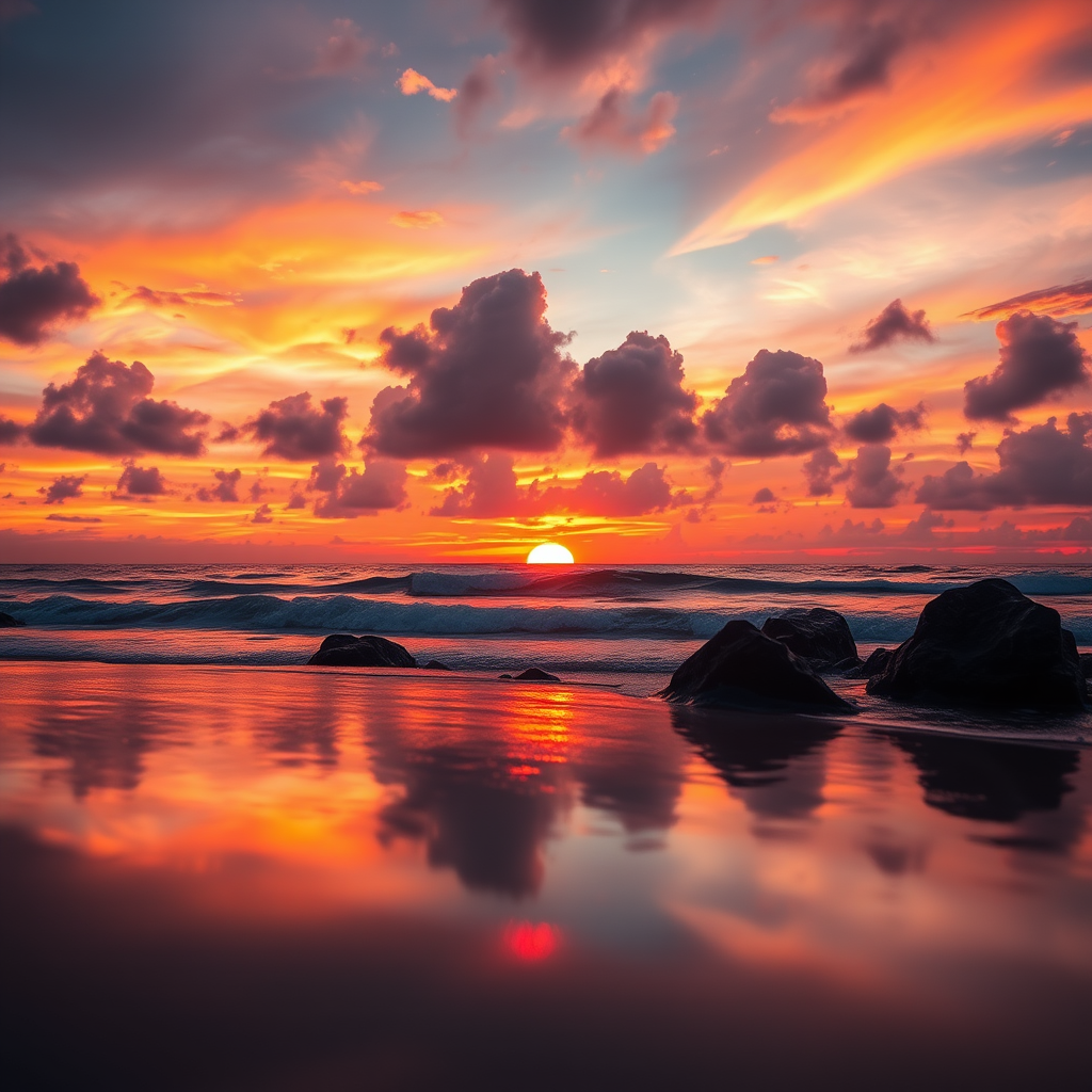 Create a high-resolution image of a beautiful sunset with vibrant colors reflecting on a calm ocean, shot with a Canon EOS R5 using a 24-70mm f/2.8 lens at f/8, ISO 100, and a shutter speed of 1/200 sec from a low angle view to capture the foreground details.