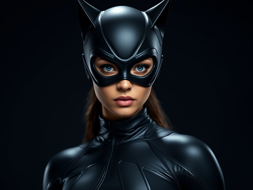 Create a high-resolution image of a confident female character in a sleek black catsuit and mask, with dramatic lighting highlighting her features, using a Canon EOS R5 camera, 50mm lens, f/1.8 aperture, 1/100 sec shutter speed, ISO 100, in a studio setting with a dark, moody background for enhanced detail and depth.