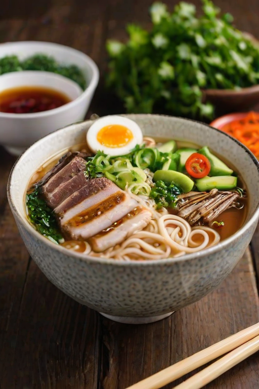 Close-up of a steaming bowl of ramen, garnished with fresh herbs and vegetables, set on a wooden table with chopsticks resting beside it, creating an inviting culinary scene.