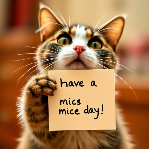 cat holding a note which says "Have a mice day!"