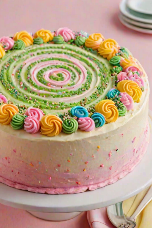 Create an image of a round cake with smooth white frosting. The top is decorated with colorful swirls of pink, yellow, and green frosting, arranged in a circular pattern. The sides of the cake feature a sprinkle border made of multi-colored sprinkles. The setting is bright and cheerful, with a simple white plate underneath the cake.