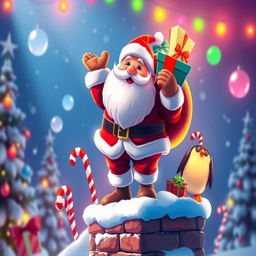 Create a vibrant, high-resolution illustration of a jolly Santa Claus with a sack of gifts, cheerfully standing on a snowy chimney with candy canes and a penguin toy, using a Canon EOS R5 camera, 50mm lens, f/1.8 aperture, ISO 100, with a bright and colorful studio lighting setup to enhance the festive atmosphere.