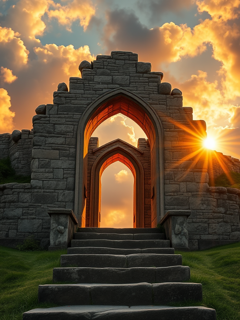 A mystical stone archway illuminated by golden light, surrounded by dramatic clouds, with a path of ancient stone steps leading up to it, captured with a Canon EOS R5, 24mm f/1.4 lens, aperture f/8, ISO 100, in landscape mode, focusing on rich details and vibrant colors.
