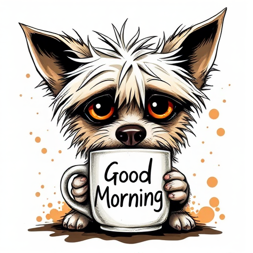 A quirky, artistic illustration of a disheveled shollie dog breed with exaggerated, large eyes and spiky fur, holding a coffee mug that reads "Good Morning". The dog has a tired but humorous expression, with ink splatters and abstract details surrounding it, giving a whimsical feel to the image. The color palette is mostly monochrome with hints of brown in the eyes and steam rising from the mug, enhancing the overall sleepy vibe