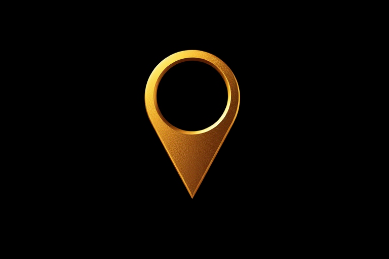 Create a minimalist logo design of a location pin in a shiny gold color on a solid black background, captured with a Canon EOS R5, 50mm lens, f/1.8 aperture, ISO 100, using a macro photography style to enhance details and texture.