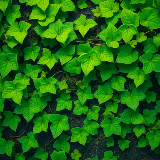 Create a vibrant illustration of a green vine with intricate leaves and swirling tendrils, captured with a DSLR camera at f/2.8, ISO 100, 50mm lens, with a shallow depth of field and top-down view to emphasize the details of the foliage.