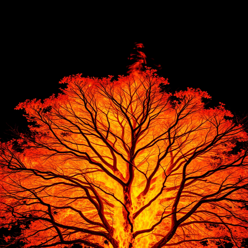 A flaming tree with intense orange and yellow flames, smoke curling upward, black background, captured with a Canon EOS R5, 50mm lens, f/1.8 aperture, 1/200 sec shutter speed, ISO 200, low angle view, dramatic lighting, high dynamic range.