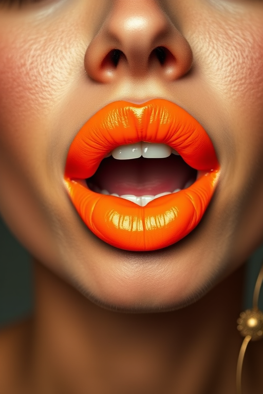 Vivacious woman lips showcasing neon orange satin finish, full face image bursting with energy and vibrant personality
