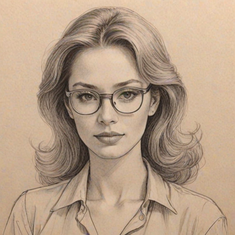 Alluring Ginger Gonzaga, pencil sketch, portrait of Enchanting woman 1980s in glasses, hair style beatnik, outline, clear lines, fine lines, 8k