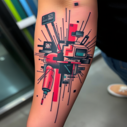 Glitch art tattoo called "Digital Disruption" incorporating pixelated elements, distorted images, and fragmented patterns to create a modern, tech-inspired aesthetic