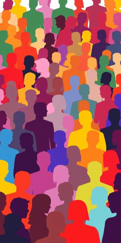 Create an illustration of a diverse crowd of silhouettes in various colors against a white background, using a wide-angle lens at f/8 aperture, ISO 100, and a resolution of 300 DPI, ensuring high clarity and vibrant colors.