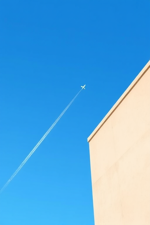 Create a minimalistic illustration of a building corner with a clear blue sky, an airplane contrail in the background, using a digital art style, shot from a low angle perspective, with vibrant colors and sharp lines, emulating the look of a high-resolution vector graphic. Camera settings: ISO 100, aperture f/8, shutter speed 1/250s, using a digital camera with a 24mm lens.