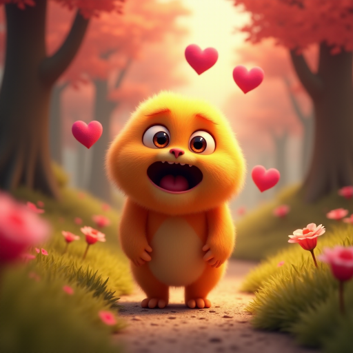 A fluffy orange creature with large eyes and a wide open mouth stands on a path in a whimsical forest, bright pink and red hearts float through the air, the creature has a surprised expression, the light is warm and soft, photorealistic, digital art, 3D style
