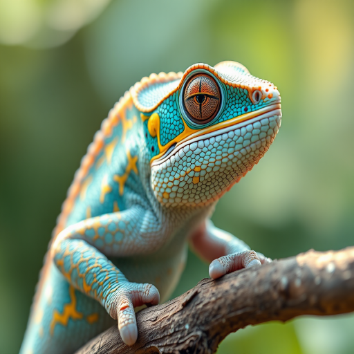 Create a high-resolution digital illustration of a chameleon with intricate patterns in light blue and golden hues, captured using a Canon EOS R5 at f/4, ISO 100, with a shallow depth of field to emphasize its details against a blurred background in natural light.