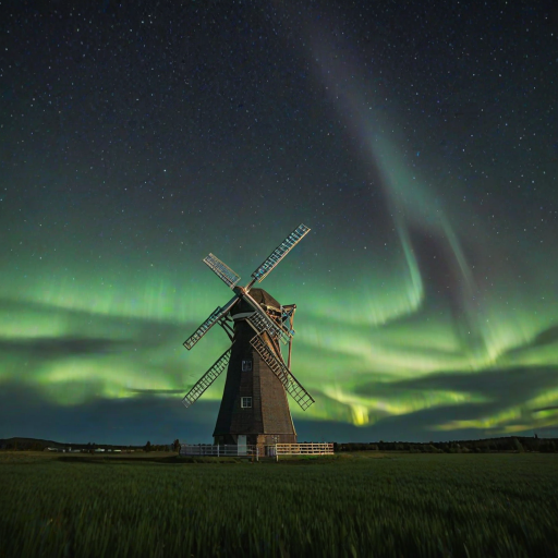 An ultra-realistic and highly detailed 4d, uhd photograph capturing a white windmill with wooden blades located in a green field. The night sky in the background is illuminated by an aurora borealis, which displays vibrant colors of green and red, blending together in a magical way and spreading across the firmament dotted with stars. The aurora borealis creates an impressive and dazzling visual effect, standing out against the dark sky. In the bottom right-hand corner of the image is a logo with the letters 'JB' and the word 'Photography'. The composition of the image combines the traditional element of the windmill with the extraordinary natural phenomenon of the Northern Lights, creating a unique and breathtaking scene.