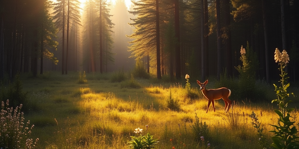 Forest clearing bathed in golden light, with wildflowers in bloom and a deer grazing peacefully in the distance.