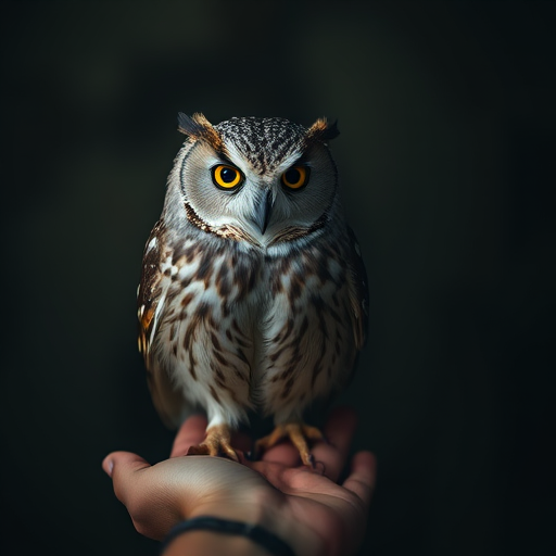 capture an owl perched on a hand with dramatic lighting and a blurred background, camera settings: f/2.8, ISO 200, shutter speed 1/50s, camera view: close-up, camera style: portrait, camera type: DSLR