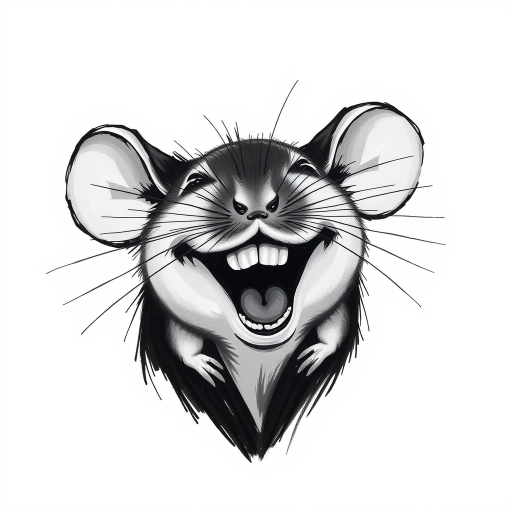 Abstract black and white acrylic portrait of an over exaggerated laughing (mouse). Minimalism style. White background.