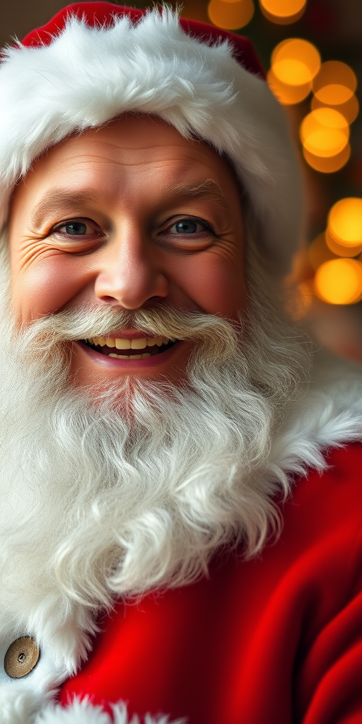 Portrait of Santa Claus with a joyful expression, wearing a classic red suit with white fur trim, soft bokeh background with warm golden lights, shot with a 50mm f/1.8 lens, ISO 200, aperture f/2.8, shutter speed 1/100s, in natural light for enhanced image clarity, DSLR camera.