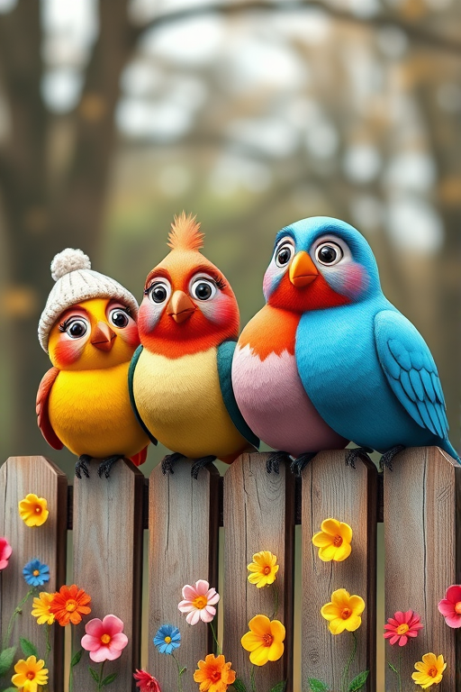 create a scene of 4 quirky  whimsical colourful comical birds each with a funny expression. they are sat on a wooden fence with colourful flowers. they are all different sizes. each one is a different colour  one is wearing a woolly hat. Each one has a different quirky google expression and there is a muted background of trees watercolour paintierly style high definition 8k resolution 3D paper mache