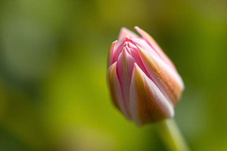 Close-up shot of a pink flower bud with a blurred green background, 50mm lens, f/1.8 aperture, ISO 200, natural light, macro photography.