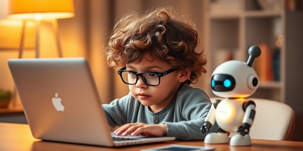 Create an image of a young child with curly hair and glasses sitting at a desk, focused on a laptop, with a cute robot companion glowing beside them, warm cozy lighting, depth of field effect, shot with a DSLR camera at f/2.8, 50mm lens, ISO 200, and a soft focus background to enhance the scene's warmth and joy.