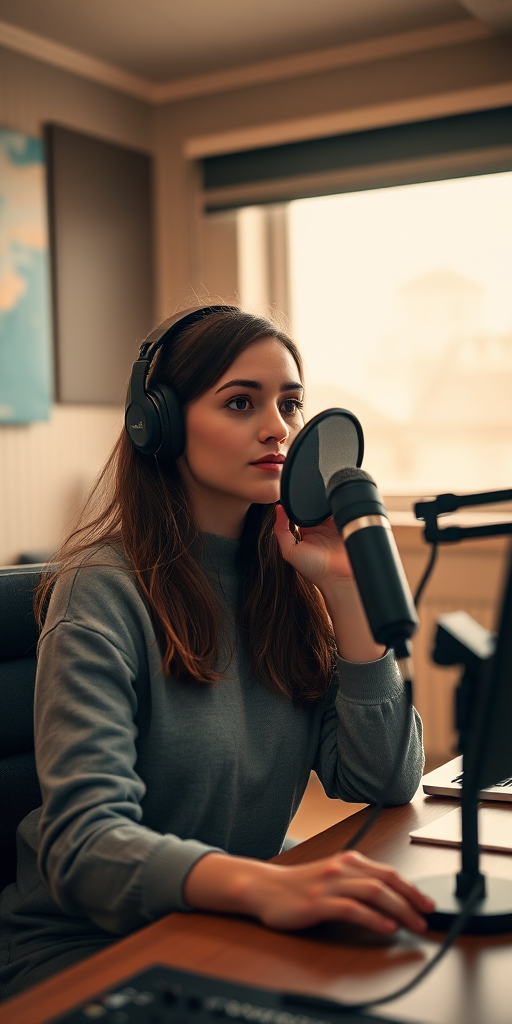A thoughtful young woman in a cozy recording studio wearing headphones, seated at a desk with a microphone, soft natural light streaming through a window, DSLR camera, aperture f/2.8, shutter speed 1/125s, ISO 200, portrait orientation, warm color tones.