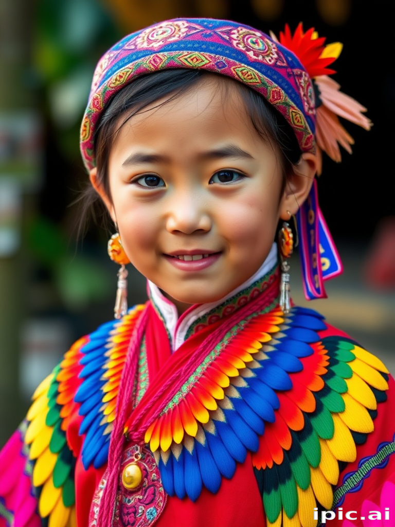 A beautiful Miao girl, wearing colorful bird clothing with vibrant colors